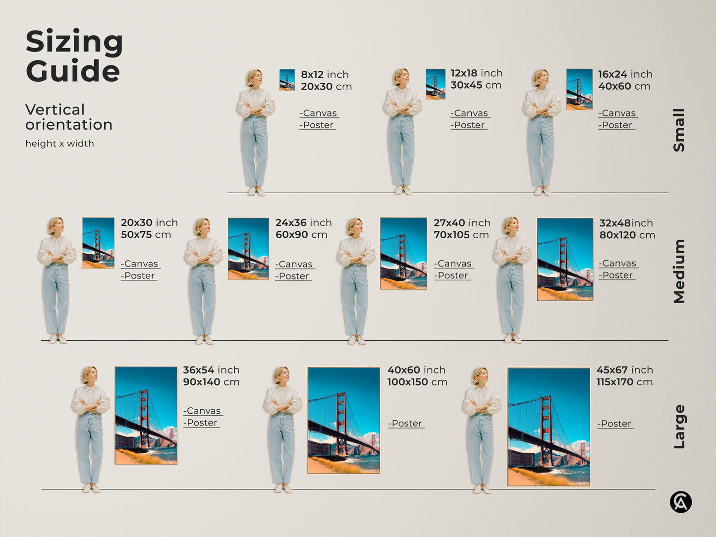 Sizing guide for Golden Gate Bridge wall art. Visualize vertical orientation options for canvas and poster prints. Find the perfect size for your space small medium or large.