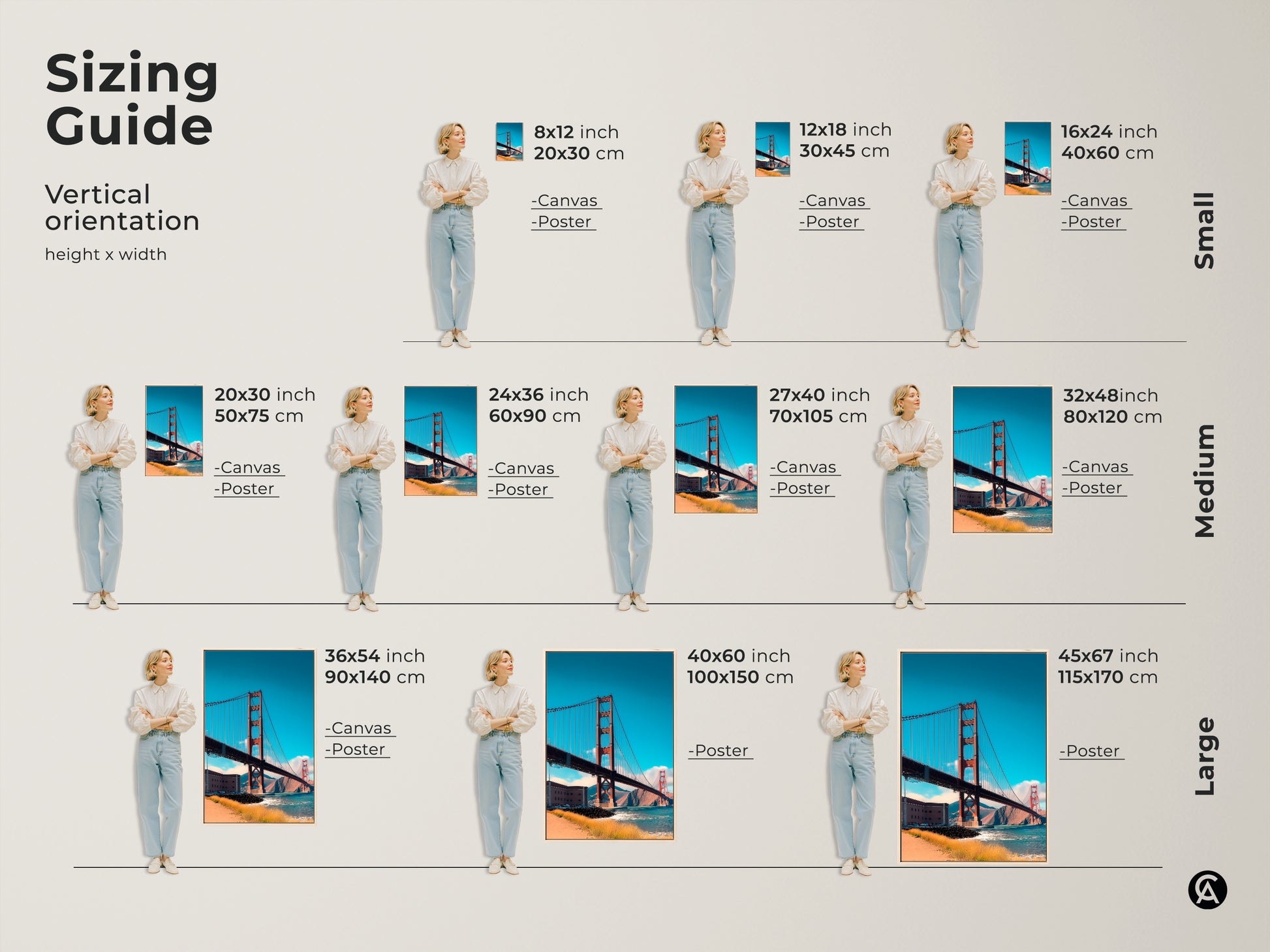 Sizing guide for Golden Gate Bridge wall art. Visualize vertical orientation options for canvas and poster prints. Find the perfect size for your space small medium or large.