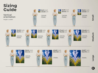 Sizing guide for yellow canola field artwork. Vertical orientation options include canvas and poster prints. Find the perfect size for your space. This boho floral nature decor will enhance any room. Perfect housewarming gift for plant lovers.