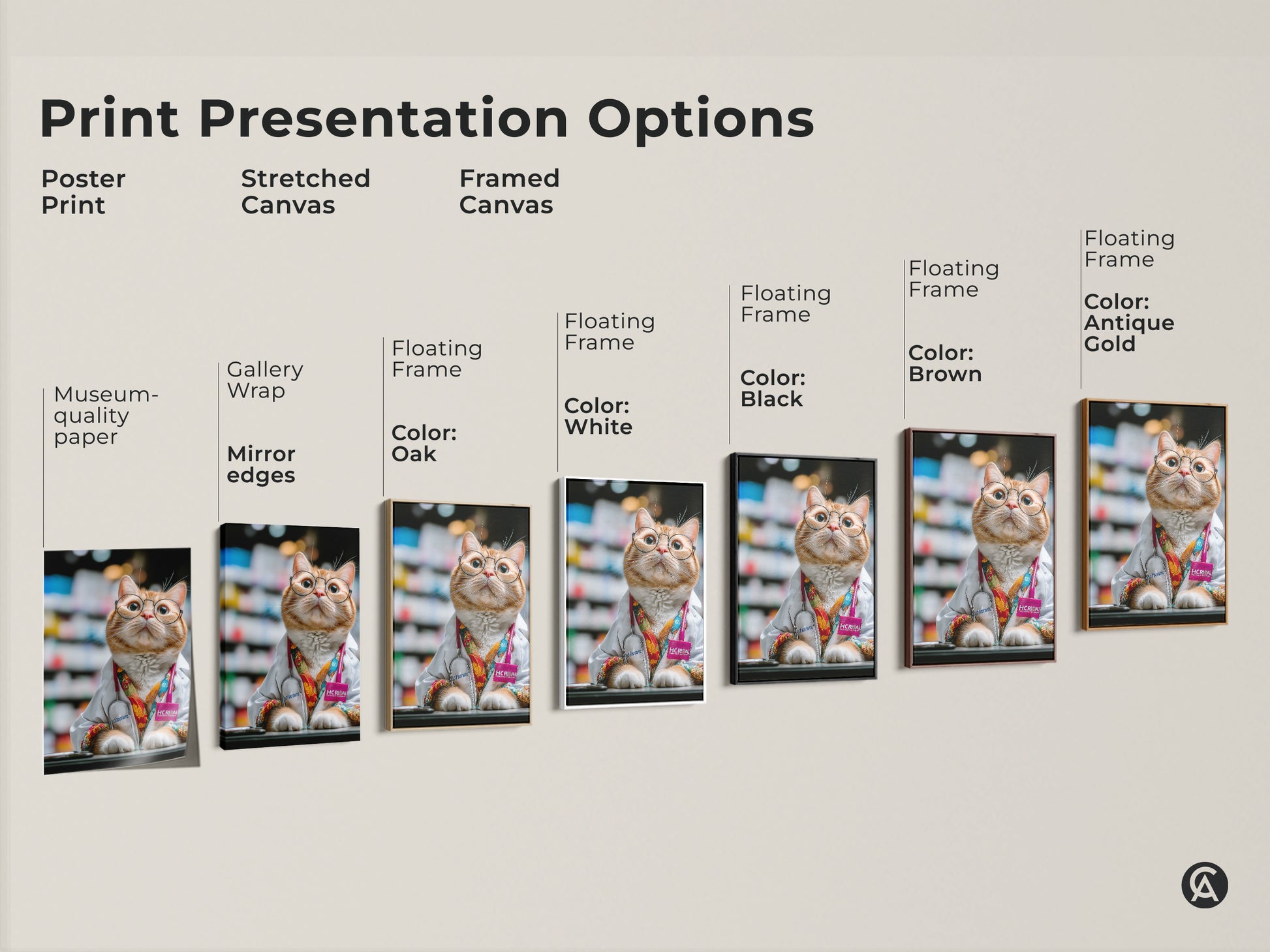 Print presentation options for the orange cat doctor artwork. Choose from poster prints stretched canvas and framed canvas. Options include black brown antique gold and white frames. Find the perfect fit for your office or as a veterinarian gift.