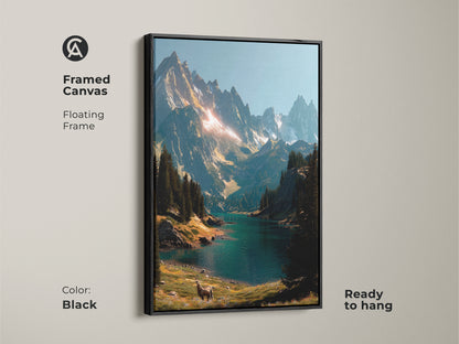 Framed canvas artwork featuring a mountain lake in a black floating frame. This ready-to-hang piece captures a scenic landscape. It has snow-covered mountains a turquoise lake and a deer. Elevate your wall decor with this art.