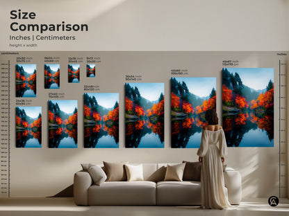 Size comparison of landscape art prints. Discover how different canvas sizes fit above a sofa. See the scale of autumn forest art in inches and centimeters. Find the perfect wall art now.