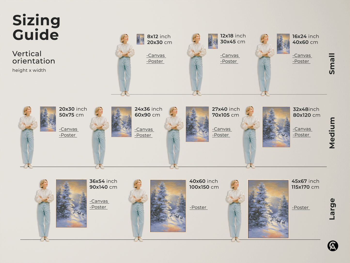 Sizing guide for vertical orientation artwork. Sizes include small medium and large. The deer in snowy forest art comes in canvas and poster options. The art is perfect for residential wall decor and makes a great christmas gift for family