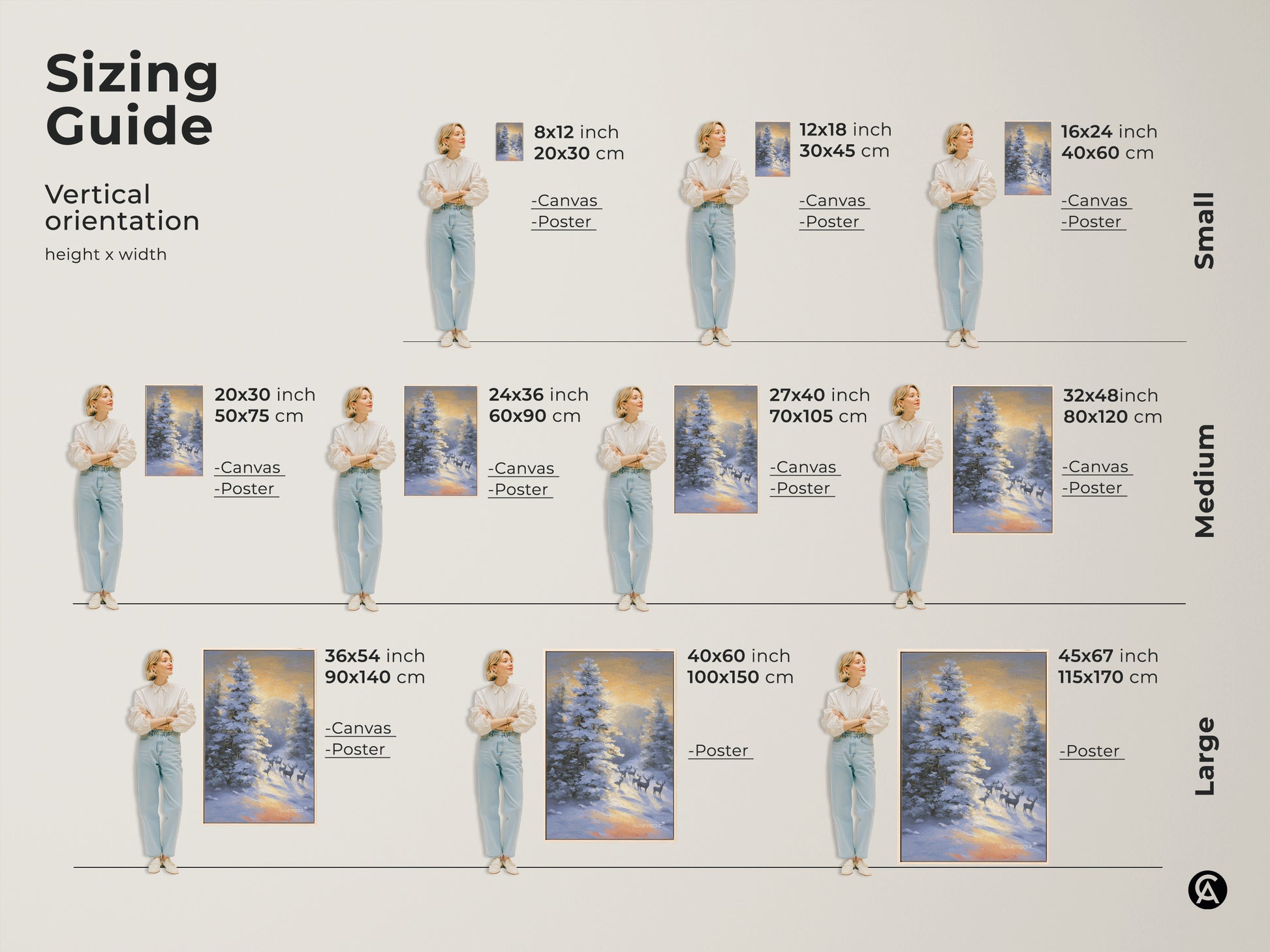 Sizing guide for vertical orientation artwork. Sizes include small medium and large. The deer in snowy forest art comes in canvas and poster options. The art is perfect for residential wall decor and makes a great christmas gift for family
