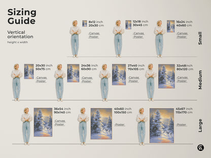 Sizing guide for vertical orientation artwork. Sizes include small medium and large. The deer in snowy forest art comes in canvas and poster options. The art is perfect for residential wall decor and makes a great christmas gift for family