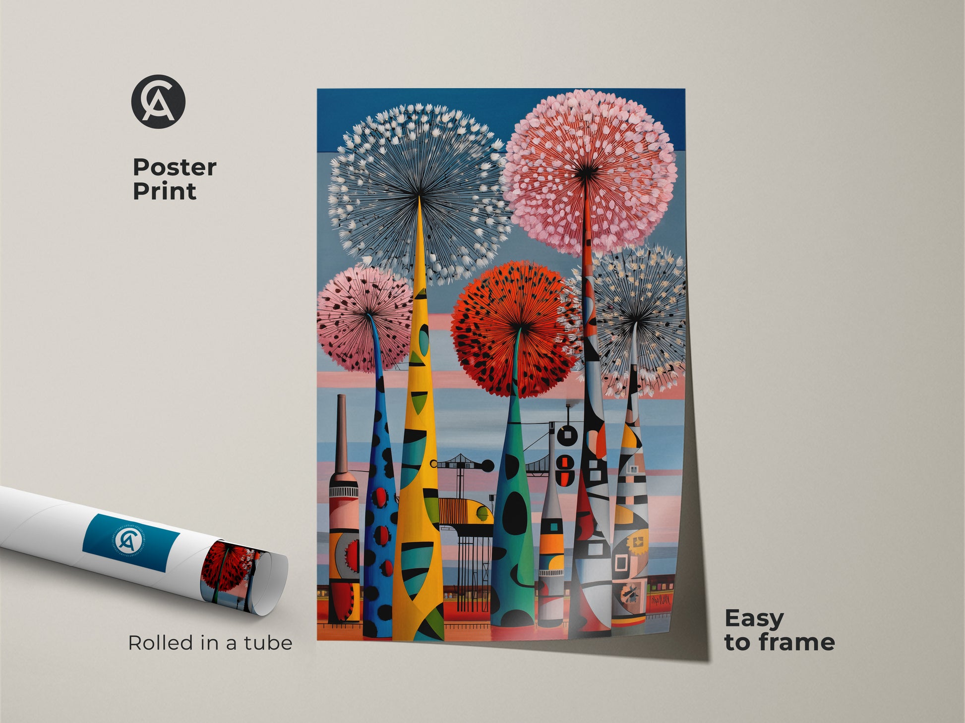Poster print of a mid-century modern dandelion and abstract industrial cityscape. The colorful retro style wall art is easy to frame. It comes rolled in a tube. Perfect for an office or living room.