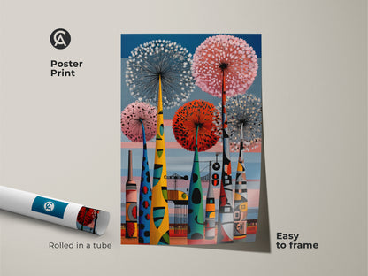 Poster print of a mid-century modern dandelion and abstract industrial cityscape. The colorful retro style wall art is easy to frame. It comes rolled in a tube. Perfect for an office or living room.