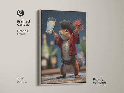 Framed canvas with a white floating frame featuring pirate squirrel art. The funny animal drinking artwork adds an eclectic touch to any room. Ready to hang it is a unique gift for animal lovers seeking quirky home decor.