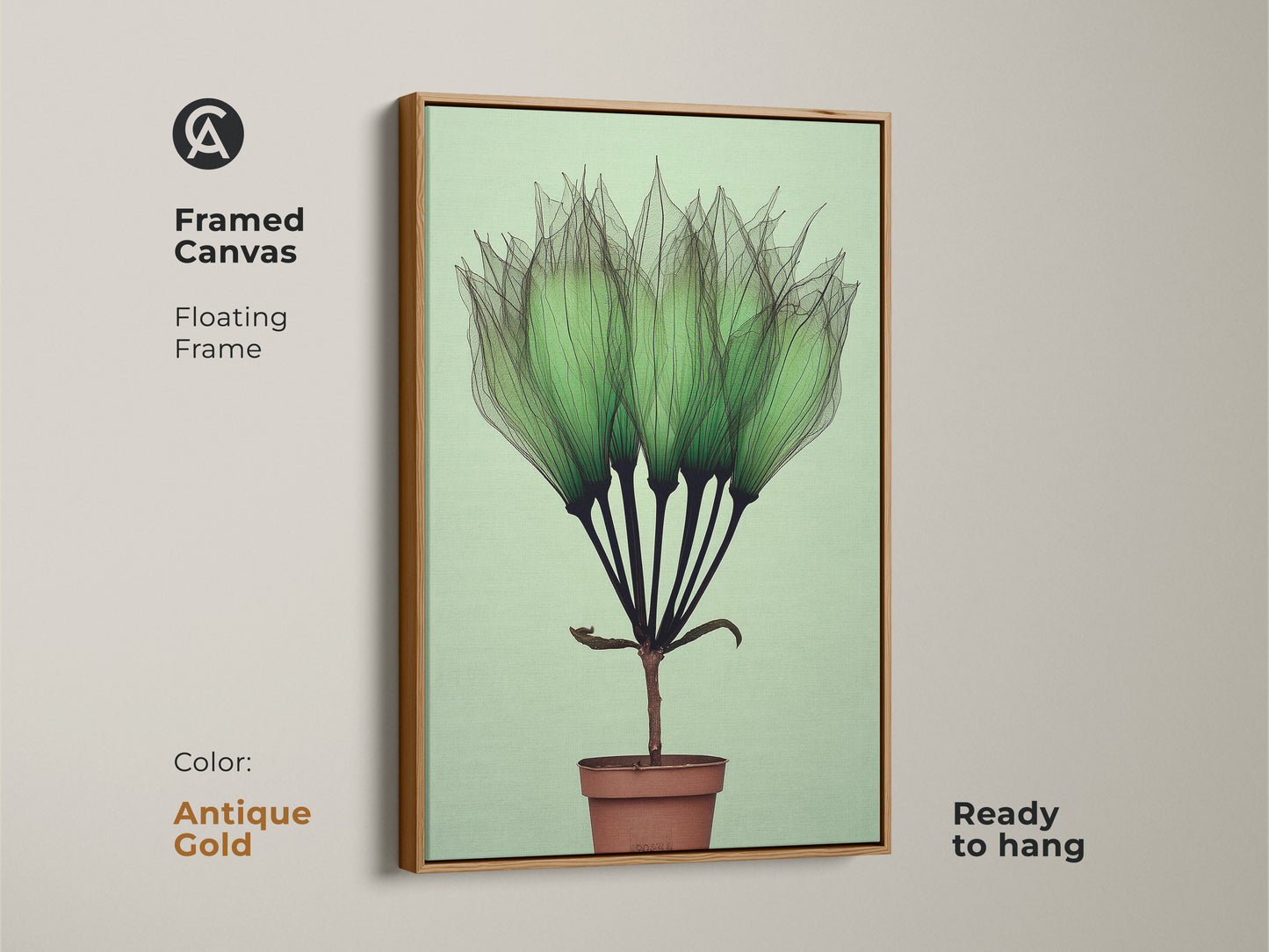 Antique Gold Framed Canvas Botanical Art Print features delicate translucent green petals. This Mint Green Potted Plant Wall Art has minimalist abstract style. This Scandinavian Canvas is an ideal Gift for Plant Lovers. Ready to hang potted flower canvas decor.