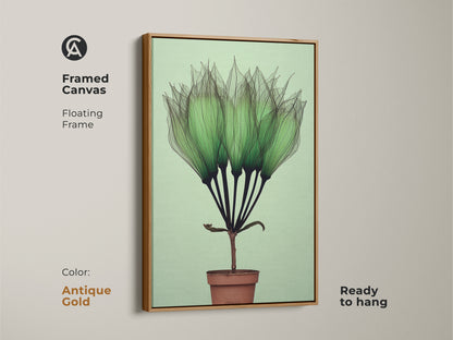 Antique Gold Framed Canvas Botanical Art Print features delicate translucent green petals. This Mint Green Potted Plant Wall Art has minimalist abstract style. This Scandinavian Canvas is an ideal Gift for Plant Lovers. Ready to hang potted flower canvas decor.