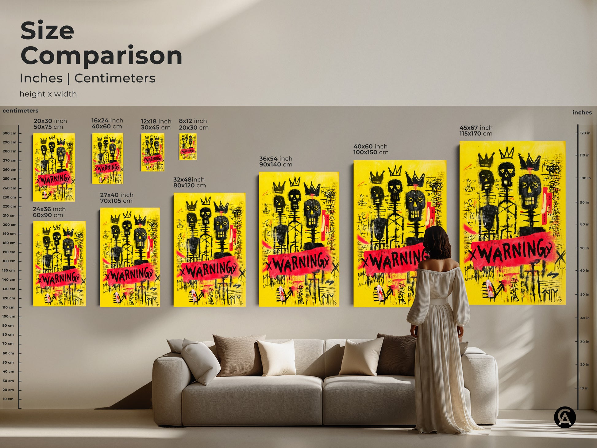 Size Comparison of Skull Artwork in Inches and Centimeters. Various sizes are displayed next to a couch and a person. Sizes range from 8x12 inch to 45x67 inch. See how this artwork will look in your home.