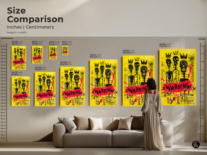 Size Comparison of Skull Artwork in Inches and Centimeters. Various sizes are displayed next to a couch and a person. Sizes range from 8x12 inch to 45x67 inch. See how this artwork will look in your home.