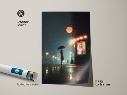 Poster print of a cinematic rainy night. A woman with an umbrella is the focus. The artwork is rolled in a tube for easy framing. This moody street scene enhances any space. Perfect contemporary urban decor for travel enthusiasts.