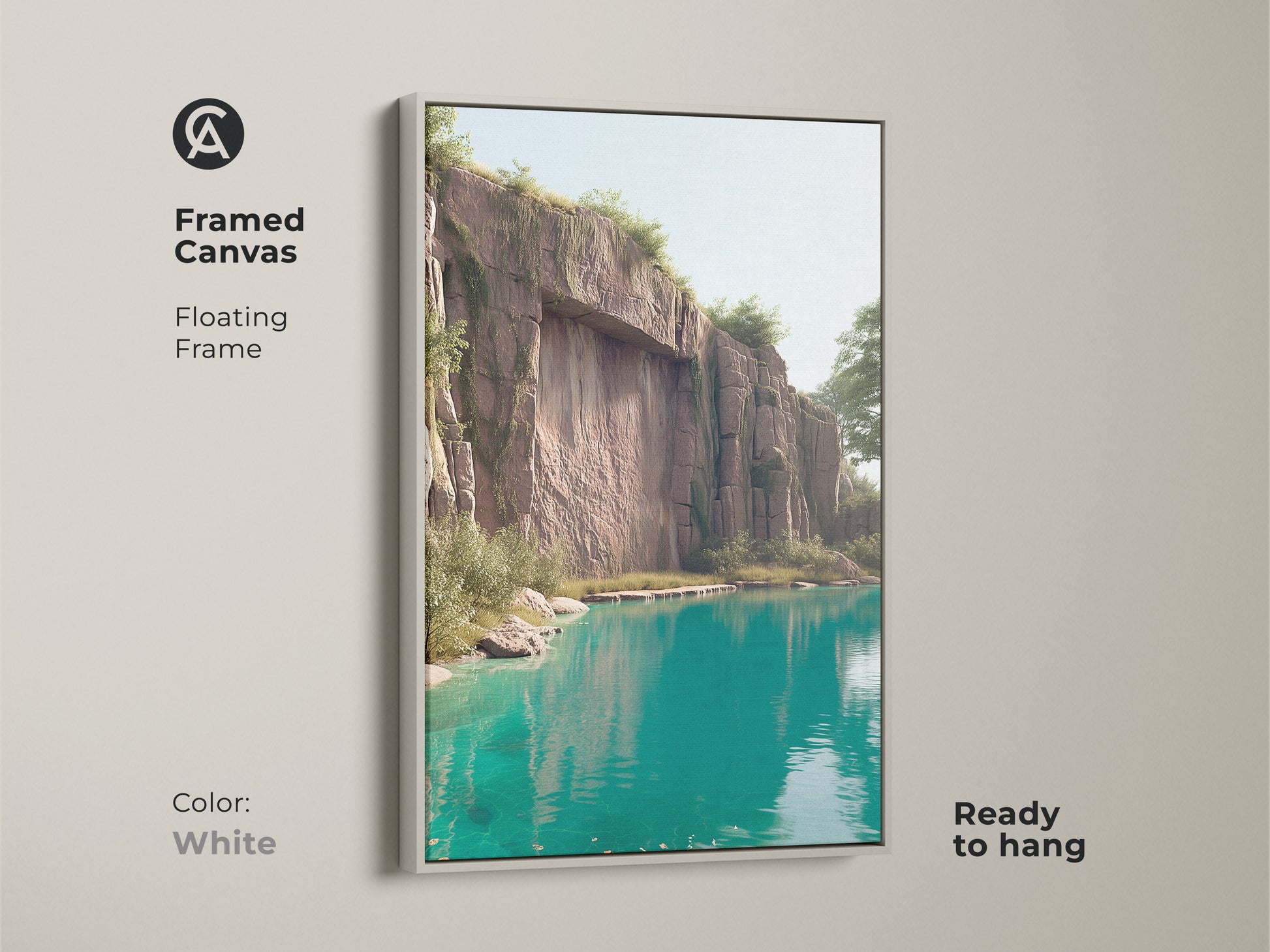 Framed canvas art in a white floating frame featuring a turquoise lake and cliff landscape. This serene nature artwork brings the outdoors inside. It is ready to hang. The teal and light blue art complements any decor. Perfect for a calming touch in a modern home.