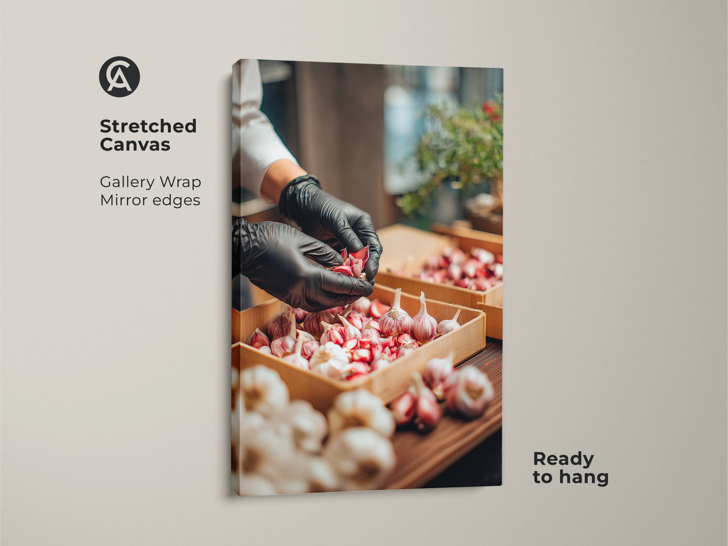 Stretched canvas artwork shows a chef preparing garlic. The gallery wrap has mirror edges. This is a ready to hang piece. This artwork is perfect for a kitchen or restaurant. It adds a culinary touch.