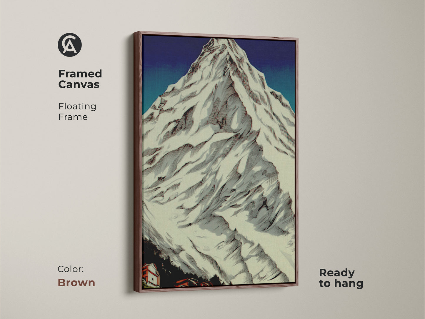 Framed canvas in brown featuring Snowy Peaks landscape artwork. The rustic village art is ready to hang. It is perfect for mountain cabin art. This linocut landscape enhances nature wall hanging. Ideal as a housewarming gift for hikers.