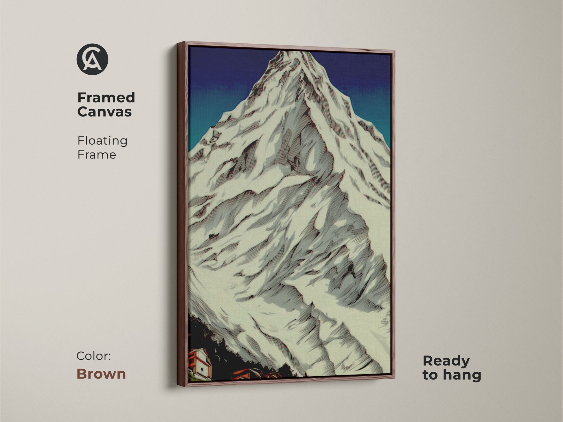 Framed canvas in brown featuring Snowy Peaks landscape artwork. The rustic village art is ready to hang. It is perfect for mountain cabin art. This linocut landscape enhances nature wall hanging. Ideal as a housewarming gift for hikers.