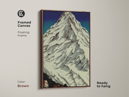 Framed canvas in brown featuring Snowy Peaks landscape artwork. The rustic village art is ready to hang. It is perfect for mountain cabin art. This linocut landscape enhances nature wall hanging. Ideal as a housewarming gift for hikers.