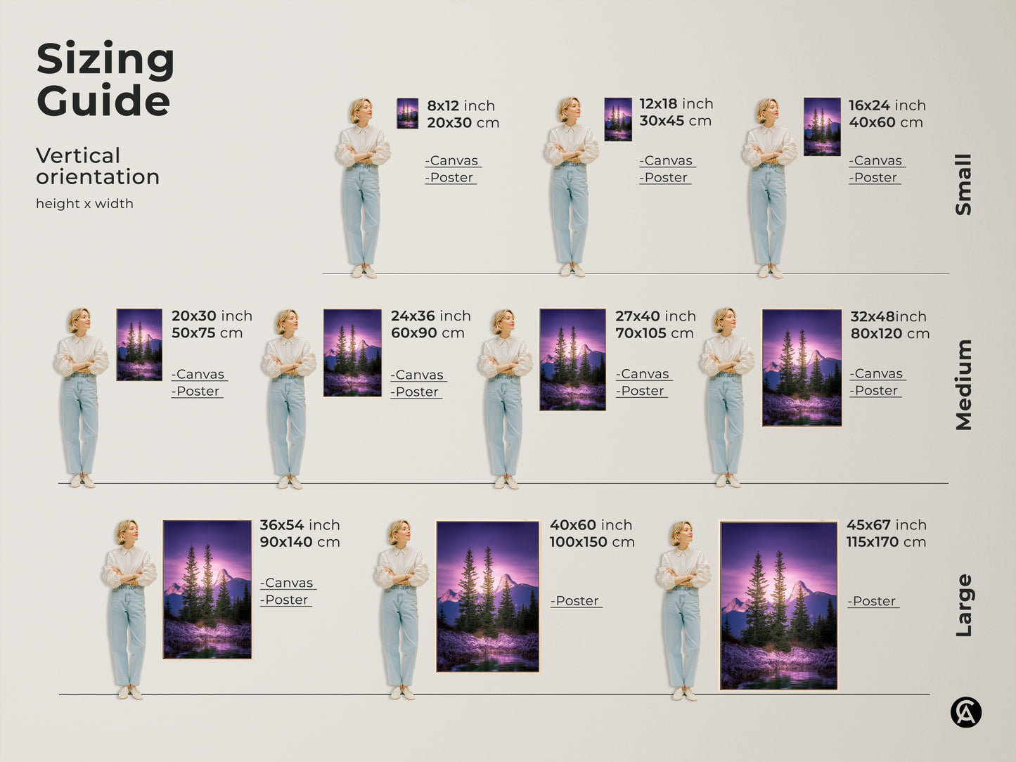 Sizing guide for vertical orientation mountain art. Canvas and poster prints available in small medium and large sizes. Find the perfect fit for your pine trees wall art and home decor.