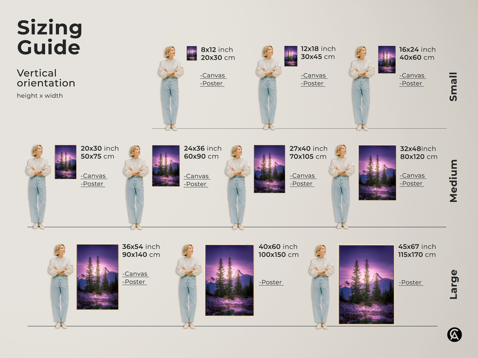 Sizing guide for vertical orientation mountain art. Canvas and poster prints available in small medium and large sizes. Find the perfect fit for your pine trees wall art and home decor.