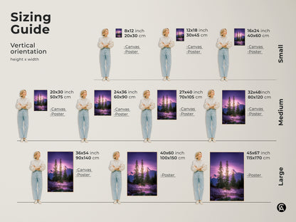 Sizing guide for vertical orientation mountain art. Canvas and poster prints available in small medium and large sizes. Find the perfect fit for your pine trees wall art and home decor.