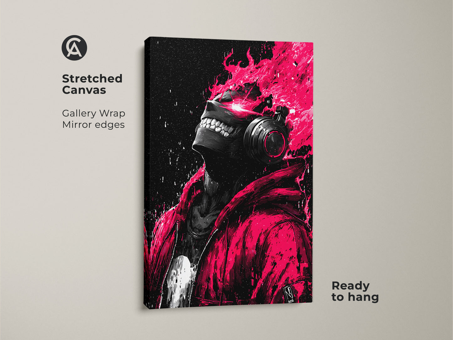 A stretched canvas artwork displays vivid colors and detail. Gallery wrapped with mirror edges it is ready to hang. The artwork features a person in headphones with pink flames above. Perfect for adding a unique touch.