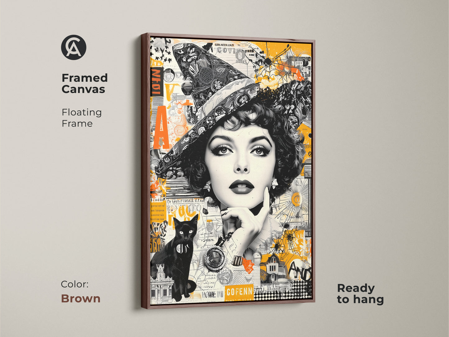 Framed canvas art featuring a captivating witch figure plus a black cat in a collage style. The brown floating frame enhances the vintage charm. Ready to hang to create a vintage-modern aesthetic in your space