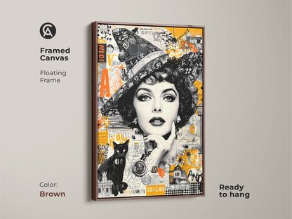 Framed canvas art featuring a captivating witch figure plus a black cat in a collage style. The brown floating frame enhances the vintage charm. Ready to hang to create a vintage-modern aesthetic in your space