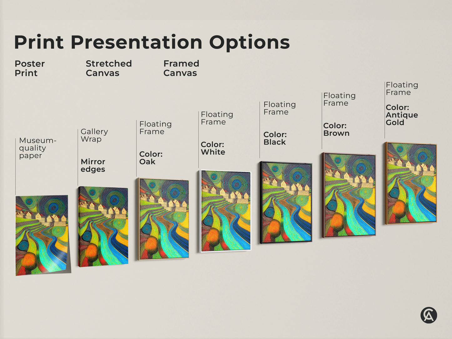 Explore print presentation options with this abstract landscape canvas. See the artwork available as a poster print stretched canvas and framed canvas in various colors. The art shows terraced hills and a river. Find the perfect style for your decor.