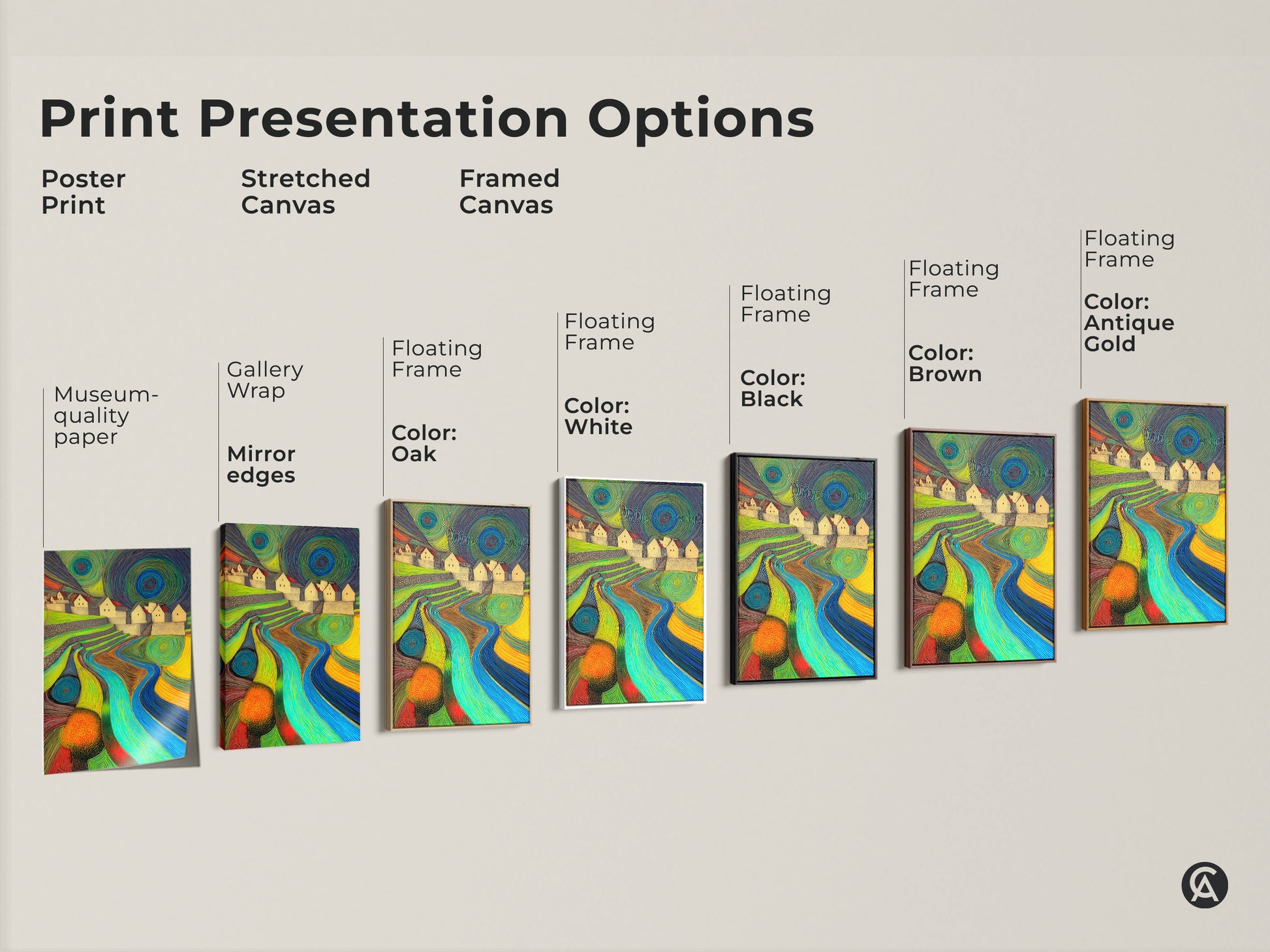 Explore print presentation options with this abstract landscape canvas. See the artwork available as a poster print stretched canvas and framed canvas in various colors. The art shows terraced hills and a river. Find the perfect style for your decor.