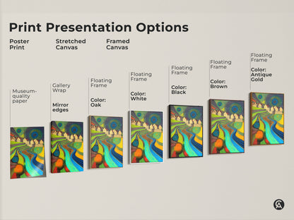 Explore print presentation options with this abstract landscape canvas. See the artwork available as a poster print stretched canvas and framed canvas in various colors. The art shows terraced hills and a river. Find the perfect style for your decor.