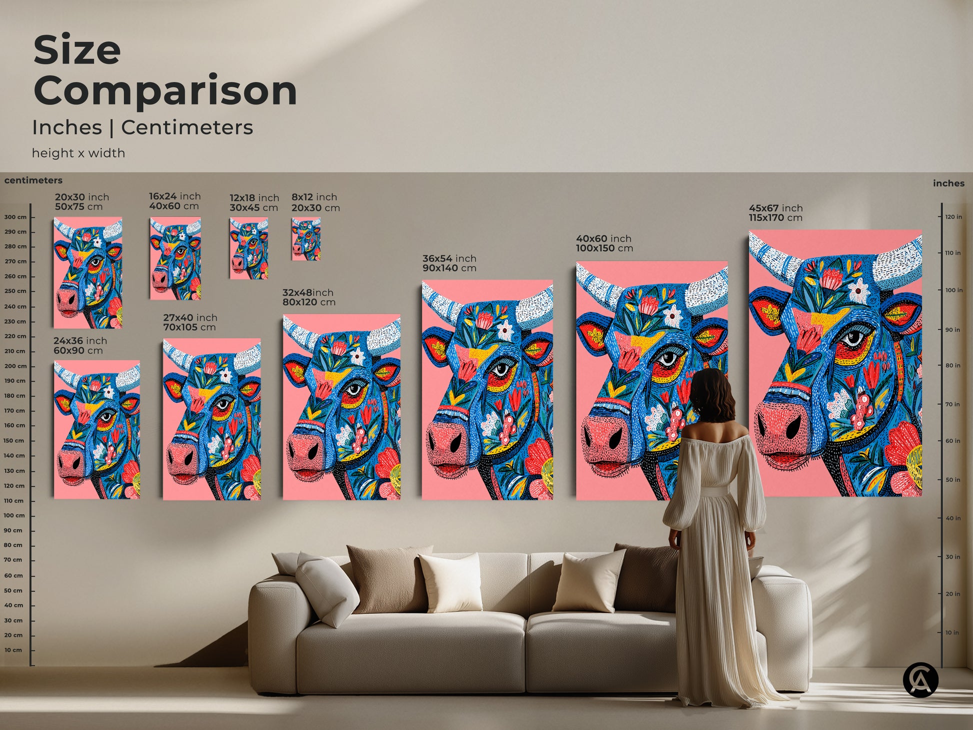 Size comparison of a floral bull artwork in various dimensions. Inches and centimeters are displayed. See how the artwork looks in different sizes. Find the perfect fit for your living room. Shop our animal art collection today and transform your space.