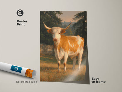 Poster print featuring a longhorn cow in a field. This museum-quality paper print is rolled in a tube for easy framing. The artwork captures the rustic charm of the animal. Ideal for adding a touch of country art to your walls. A great art gift for cow enthusiasts.