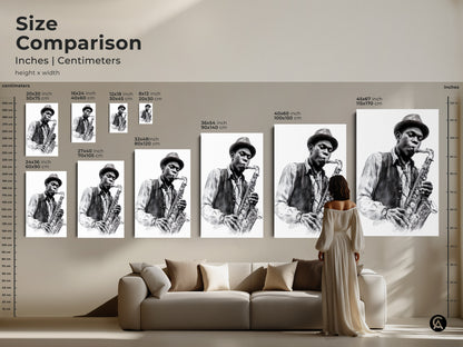 Size comparison of saxophone player art prints. See various sizes in inches and centimeters. Visualize how the art looks above a sofa. Choose from canvas and poster options. Find the perfect scale for your wall decor today.