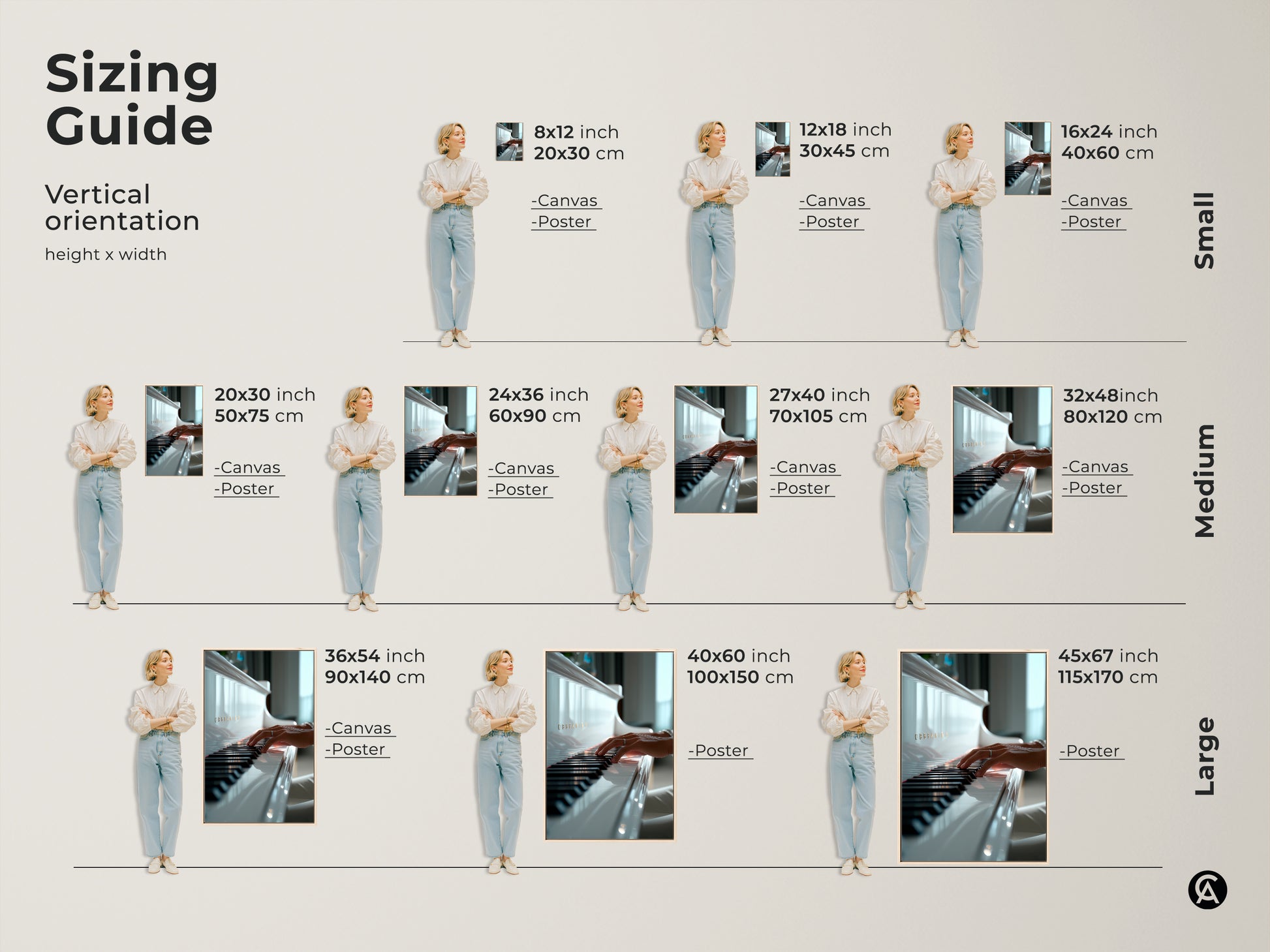 Vertical orientation sizing guide for piano keys art prints. Available in canvas and poster options. Find the ideal size for your space from small to large. Transform your walls with music-inspired art.
