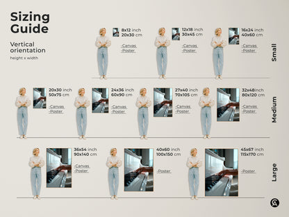 Vertical orientation sizing guide for piano keys art prints. Available in canvas and poster options. Find the ideal size for your space from small to large. Transform your walls with music-inspired art.