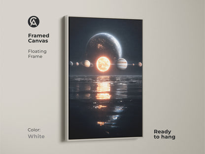 Framed canvas art featuring planets and sun reflected in water. The floating frame is white. This ready to hang artwork offers a clean modern look. A great addition for any contemporary space.