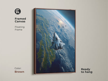 Framed canvas art featuring a futuristic spaceship above Earth in a brown floating frame. Ready to hang this sci-fi wall decor adds interstellar travel decor to your space. Perfect for a tech office or modern home this cosmic voyage canvas is astronomy inspired.