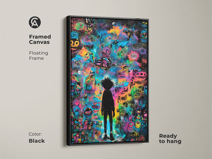 Framed canvas art featuring a colorful graffiti-style artwork. This piece has a black floating frame that adds a touch of modern elegance. The artwork displays a black silhouette figure amidst cartoonish monsters and abstract symbols. This canvas is ready to hang and enjoy.