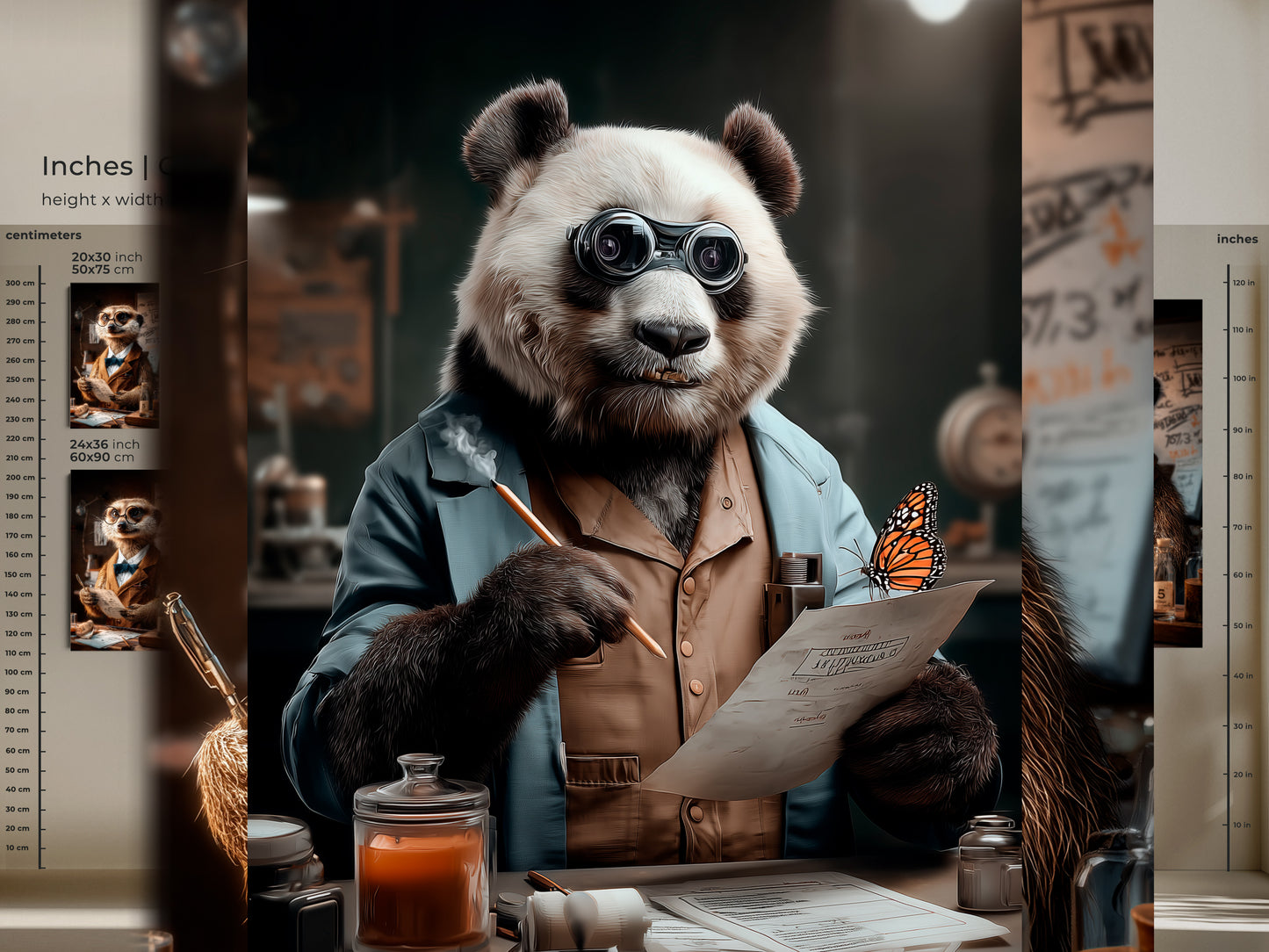 View panda scientist canvas print size options. This anthropomorphic artwork features a panda with glasses. A butterfly rests on the document. It makes unique office decoration. It's a perfect gift for a scientist friend or quirky animal art lover.