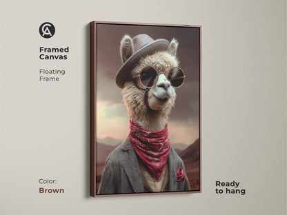 Framed canvas artwork of a Dapper Alpaca with a brown floating frame. This Alpaca portrait has cowboy hat sunglasses and a red bandana. This ready to hang tan red and brown art adds personality to any space. It is perfect for eclectic home decor.