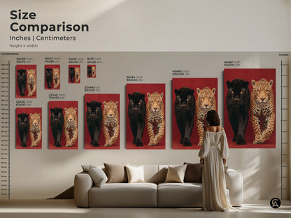 Compare sizes of the black panther and jaguar artwork in inches and centimeters. The wildlife animal artwork is available in various dimensions. Find the perfect fit for your space. Envision the art in a living room setting. This contemporary animal art enhances any interior