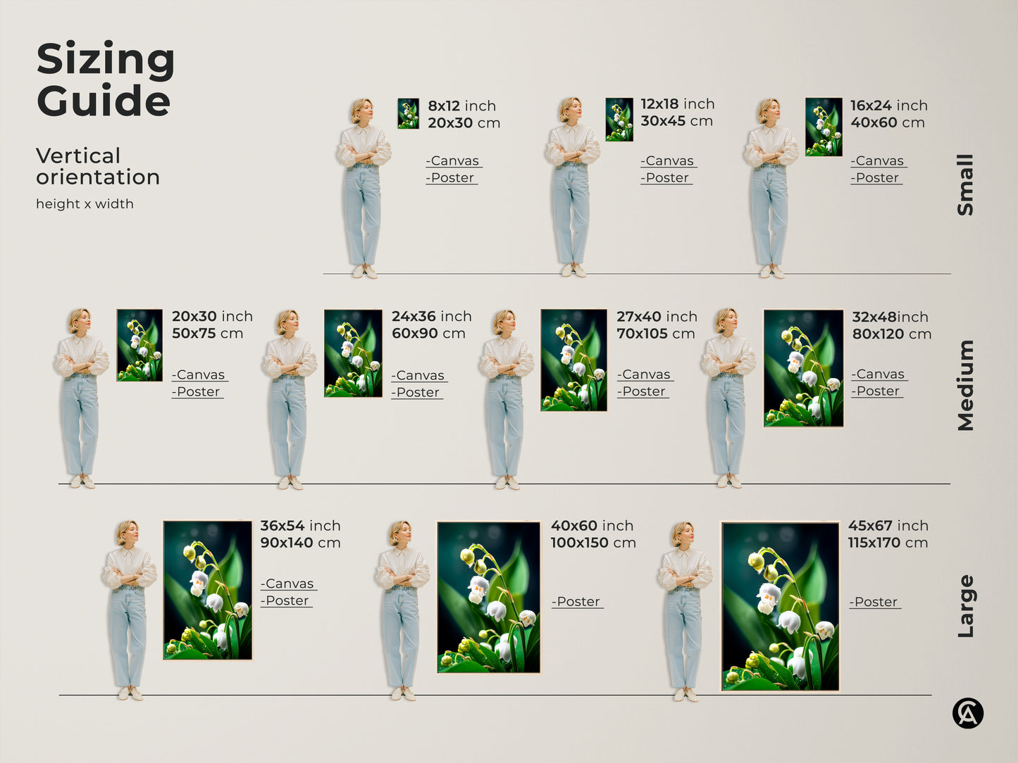 Sizing guide for vertical Lily of the Valley art prints. Available as canvas or poster in sizes from small to large. Perfect for Scandinavian bedroom decor this realistic botanical art makes an elegant nature inspired home decor statement.