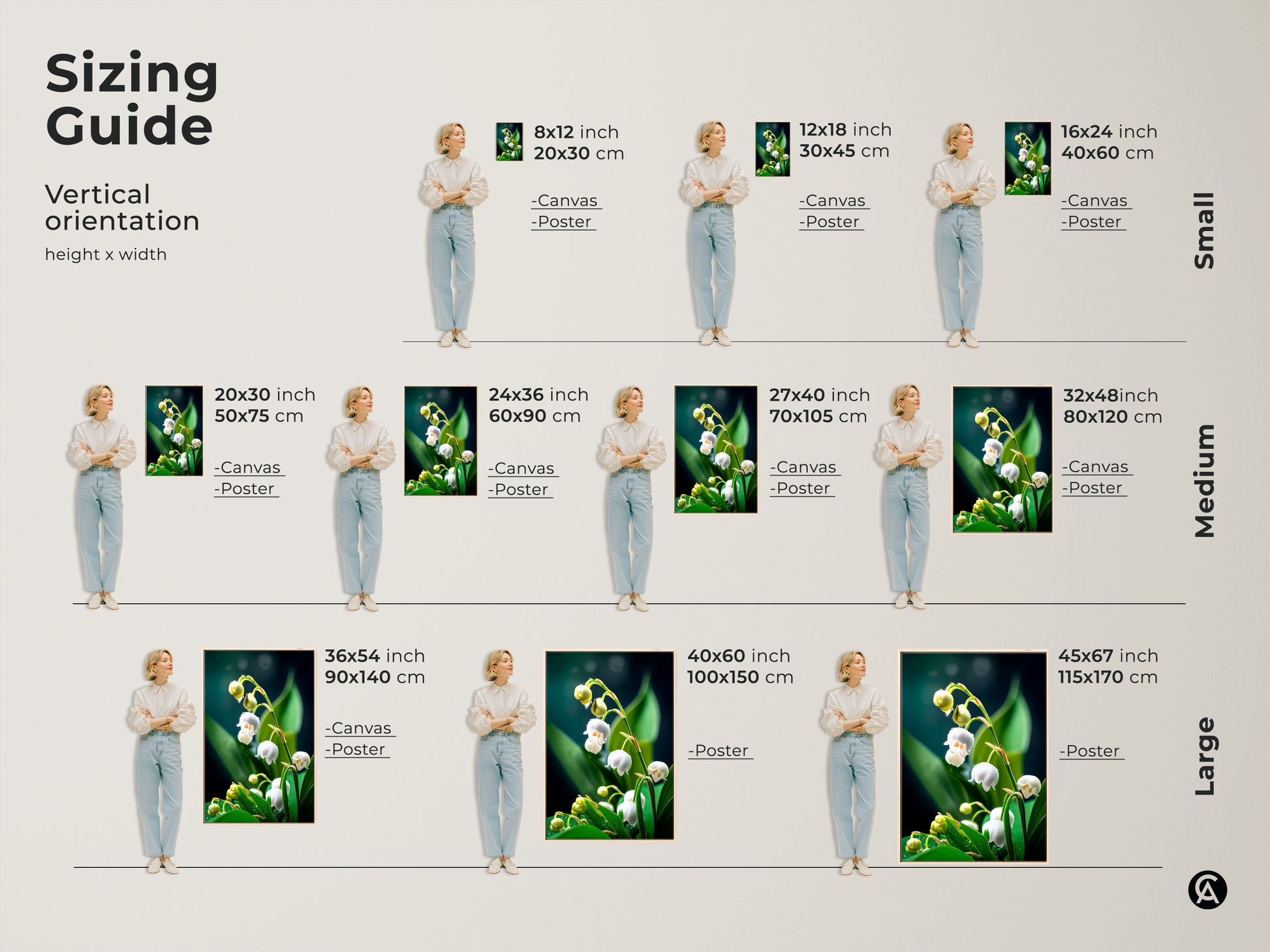 Sizing guide for vertical Lily of the Valley art prints. Available as canvas or poster in sizes from small to large. Perfect for Scandinavian bedroom decor this realistic botanical art makes an elegant nature inspired home decor statement.