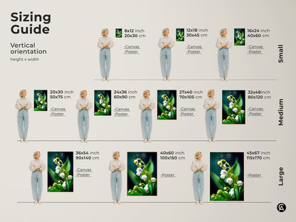 Sizing guide for vertical Lily of the Valley art prints. Available as canvas or poster in sizes from small to large. Perfect for Scandinavian bedroom decor this realistic botanical art makes an elegant nature inspired home decor statement.