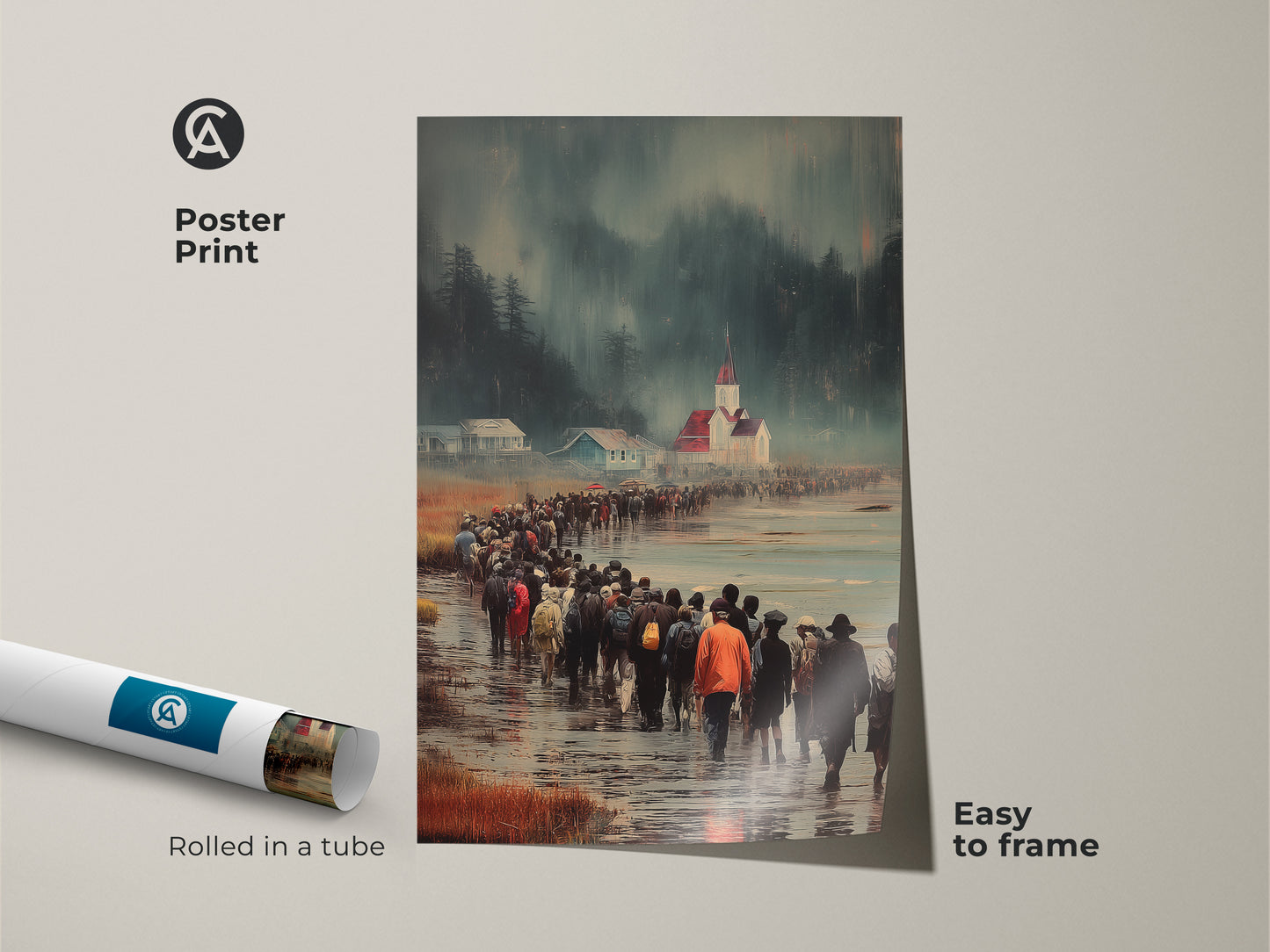 Poster print depicting a figurative landscape canvas of people walking. The community gathering artwork is a travel themed wall decor rolled in a tube. It can be easy to frame. The blue red and teal art adds an atmospheric coastal scene to any space