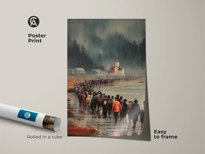 Poster print depicting a figurative landscape canvas of people walking. The community gathering artwork is a travel themed wall decor rolled in a tube. It can be easy to frame. The blue red and teal art adds an atmospheric coastal scene to any space