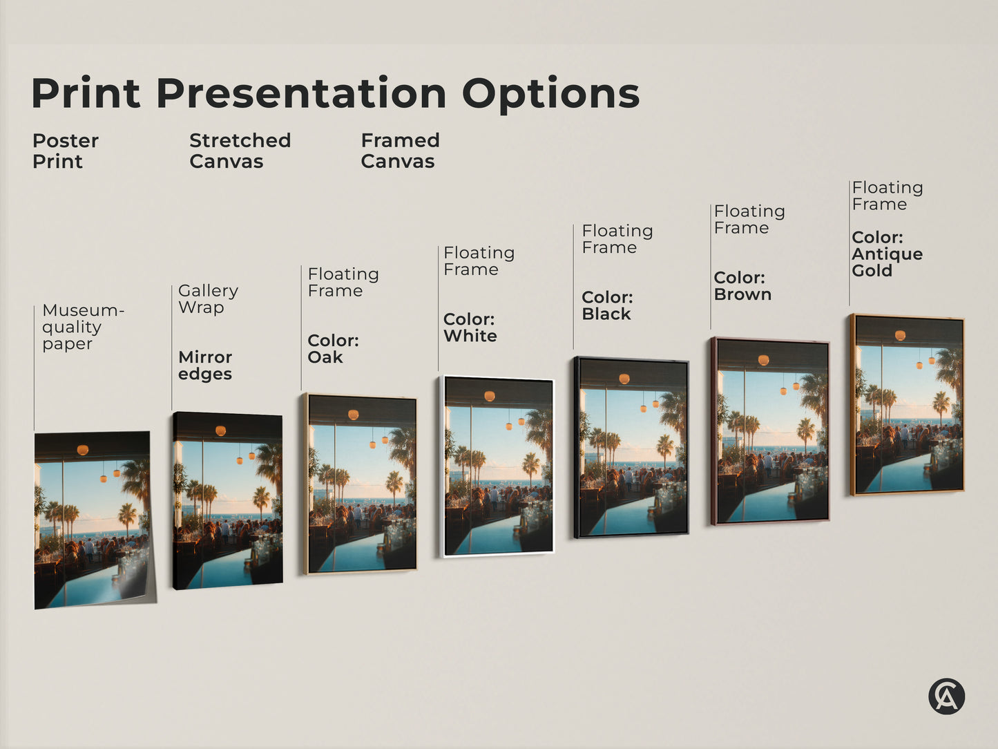 Explore presentation options for coastal restaurant scene artwork. Choose from poster print stretched canvas or framed canvas. Each option enhances the artwork's visual appeal. Find the perfect style to complement your space. Elevate your decor today.