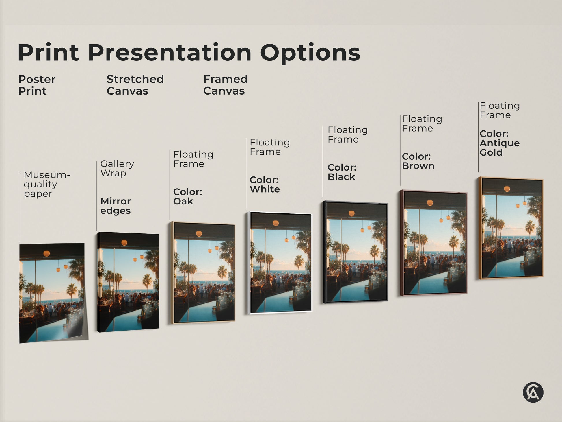 Explore presentation options for coastal restaurant scene artwork. Choose from poster print stretched canvas or framed canvas. Each option enhances the artwork's visual appeal. Find the perfect style to complement your space. Elevate your decor today.