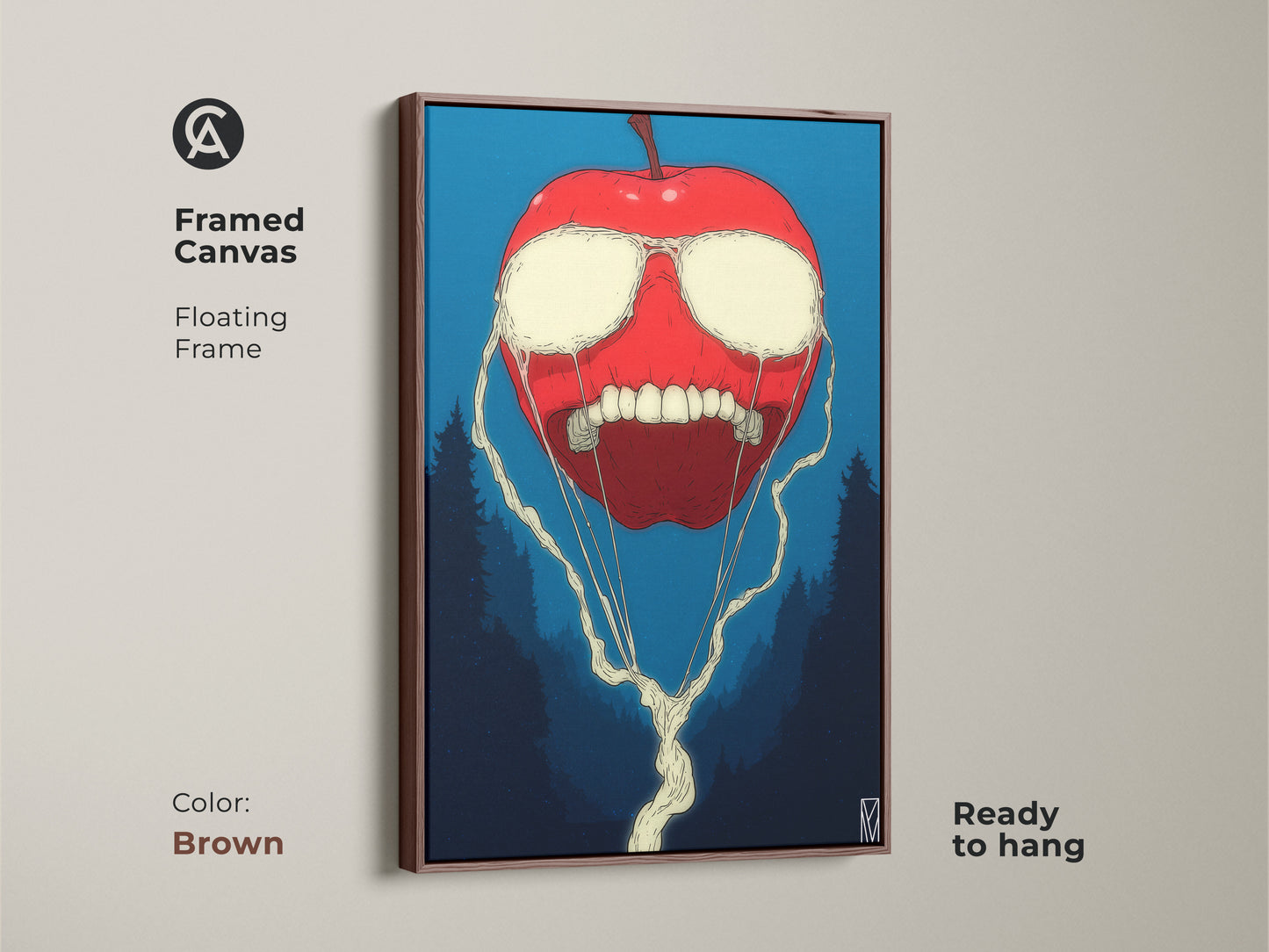 Framed canvas art featuring a surreal red apple with white liquid eyes. The apple has a toothy grin and dark trees in the background. The floating frame is brown and the art is ready to hang.